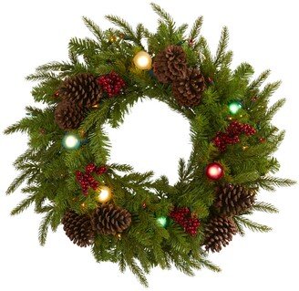 Christmas Artificial Wreath with 50 Lights, 7 Globe Bulbs, Berries and Pine Cones