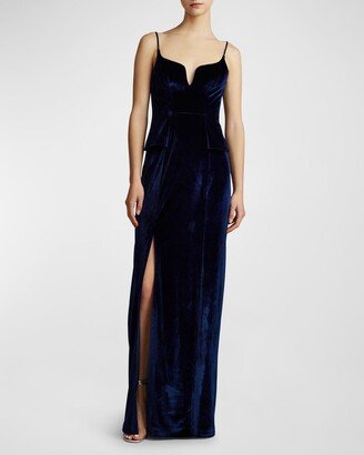 Sleeveless Side-Slit Velvet Peplum Gown