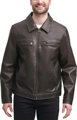 Faux Leather Jacket w/ Laydown Collar (Dark Brown) Men's Jacket