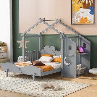 IGEMAN Full Size Platform Bed with Windmill Decor, House Bed with Desk and 2 Hooks For Kids Bedroom