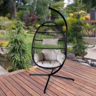 Black Indoor Outdoor Foldable Hanging Swing Egg Chair with Waterproof Cushion, Folding Rope Back and Stand