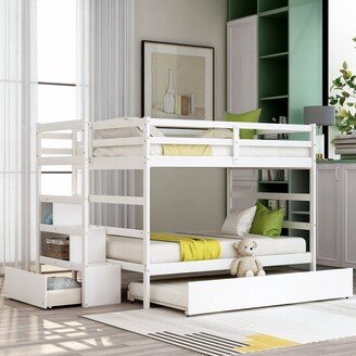GEROJO White Stairway Full-Over-Full Bunk Bed with Twin Size Trundle and Drawer, Solid Pine Legs, Maximizes Storage Space