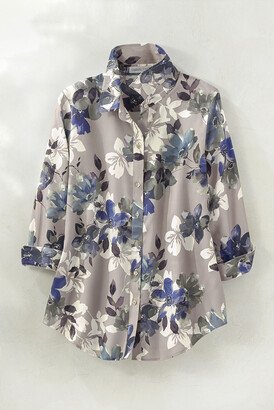 Women's Floral Mist No Iron Shirt (3/4) - Opal Grey Multi - 6P - Petite Size