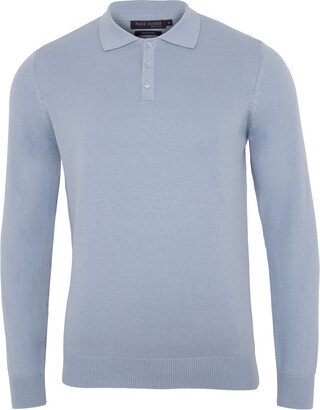 Paul James Knitwear Mens Cotton Hall Long Sleeve Knitted Polo Shirt - Chalk Blue