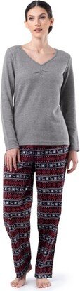 Women' Long Sleeve V-Neck Waffle Top and Flannel Bottom Pajama Set - GREY HEATHER/FAIR ISLE BLACK - 4X