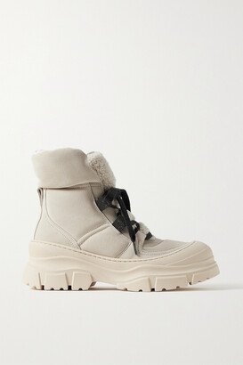 Bead-embellished Shearling-trimmed Suede Ankle Boots - White