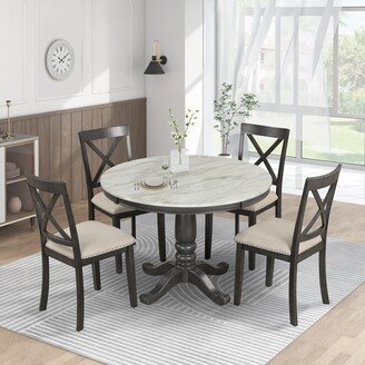 GREATPLANINC 5 Pieces Dining Table and Chairs Set, Faux Marble Round Dining Table and 4 Cross Back Dining Chairs for Living Room, Dining Etc
