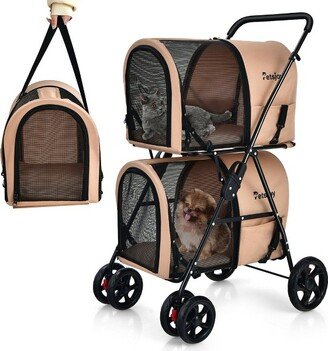 4-in-1 Double Pet Stroller w/ Detachable Carrier Travel Carriage for Cats Beige