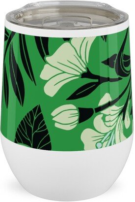 Travel Mugs: Green, Black & White Floral Pattern Stainless Steel Travel Tumbler, 12Oz, Green