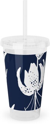 Travel Mugs: Lily Stripe - Blue Acrylic Tumbler With Straw, 16Oz, Blue