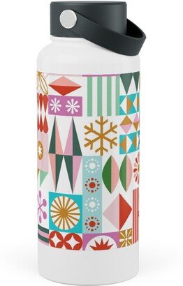 Photo Water Bottles: Santa's Workshop Geometric Stars Snowflakes Grid Holiday Stripes - Multi Stainless Steel Wide Mouth Water Bottle, 30Oz, Wide