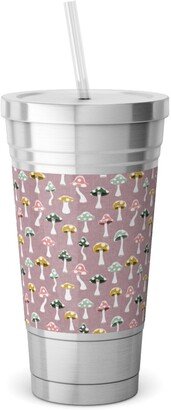 Travel Mugs: Multi Colored Mushrooms - Mauve Stainless Tumbler With Straw, 18Oz, Pink