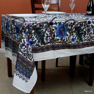 Handmade Cotton Tree of Life Floral Tablecloth Rectangle White Blue Purple Green