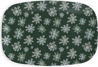 Serving Platters: Lace Snowflakes On Hunter Green Serving Platter, Green