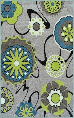 Bright Geometric Ornamental Colorful Floral Contemporary High-Traffic Indoor Area Rug , , Gray - Blue Nile Mills