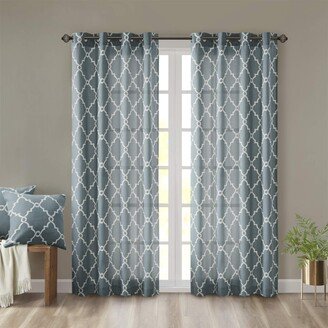 Gracie Mills Saratoga Basketweave Blue Ground Light Beige Fretwork Print Window Curtain, 50x84, Silver Grommet Top