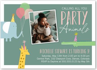 Boy Birthday Invitations: Adventurous Animals Birthday Invitation, Green, 5X7, Matte, Signature Smooth Cardstock, Square