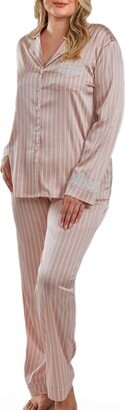 Brillow Plus Size Satin Striped Button Down Pajama Pant Set, 2 Piece