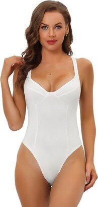 Allegra K Women's Deep V Neck Leotard Bodysuit Tummy Control Waist Trainer Shapewear Thong Full Body Shaper White S