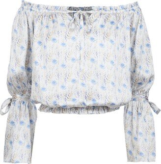 Modallica Ivy Off The Shoulder 100% Organic Peace Silk Blouse With Blue Flowers