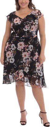 Plus Size Printed Ruffled Faux-Wrap Dress - Black/Blush