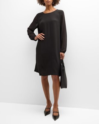 Blouson-Sleeve Georgette Crepe Shift Dress