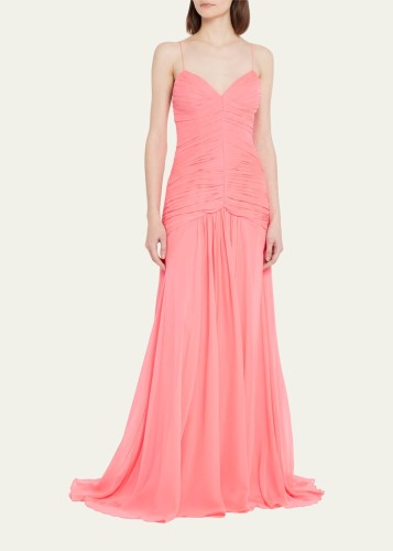 Spaghetti-Strap Ruched Front Gown