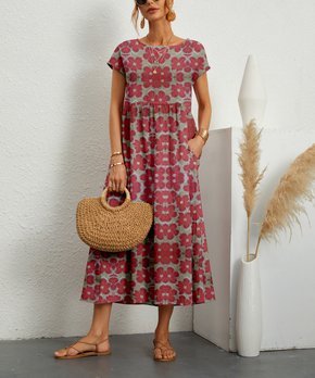 Red & Gray Floral Boatneck Pocket Midi Dress - Women