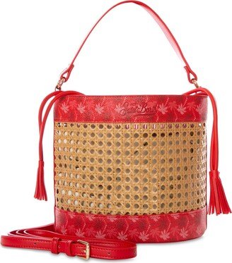 Straw Bucket Bag With Red Monogram Details