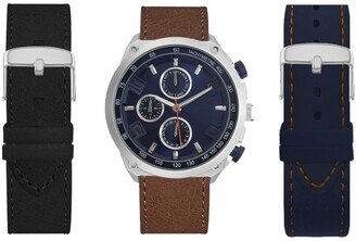 American Exchange Men's Analog Black Strap Watch 47mm with Brown, Navy and Black Interchangeable Straps Set - Brown, Navy, Black