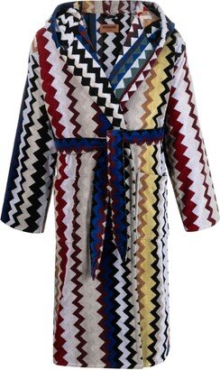 Zigzag-Print Belted Hooded Bathrobe