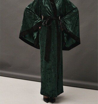 KÂfemme Long Crushed Velvet Kimono Robe- Green