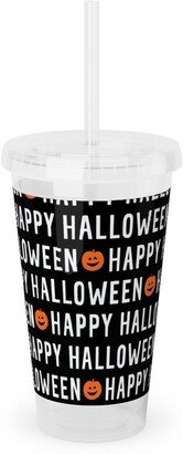 Travel Mugs: Happy Halloween Black Acrylic Tumbler With Straw, 16Oz, Black