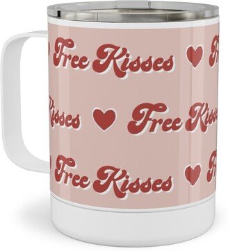 Travel Mugs: Free Kisses - Retro Hearts - Red On Pink Stainless Steel Mug, 10Oz, Pink