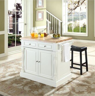 Oxford Butcher Block Top Kitchen Island With 24 Upholstered Saddle Stools