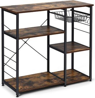 Industrial Kitchen Baker's Rack Microwave Stand Utility Storage Shelf W/ 6 Hooks Steel Black