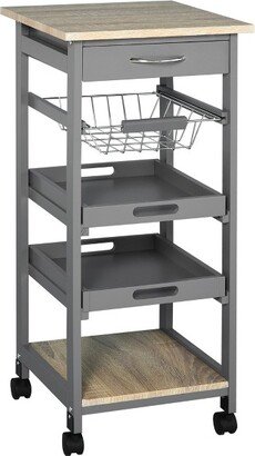 HOMCOM Mobile Rolling Kitchen Island Trolley Serving Cart with Underneath Drawer & Slide-Out Wire Storage Basket, Gray