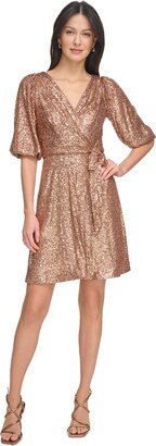 Petite Sequined Elbow-Sleeve Faux-Wrap A-Line Dress