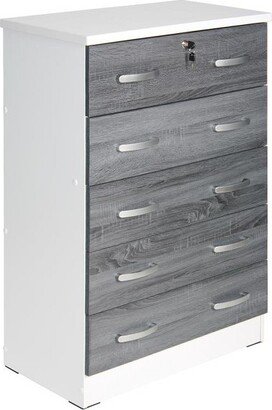 Cindy 5 Drawer Chest Wooden Dresser with Lock in White/Gray