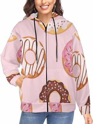 LOSARON Pattern With Glazed Donuts Women's Oversized Sweaters Comfortable Hoodie Zipper Drawstring Hooded Jackets Fall Outfits 3XL