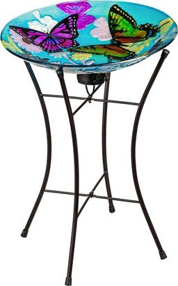 15 Hand Painted Embossed Glass Bird Bath with Solar Stand, Bountiful Butterfly