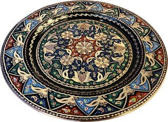 Floral Center Design Round Lux Tray, Hand Carved & Painted Wall Plate, Copper Decor, Colorful Office Gift, Metal Decor