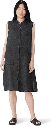 Petite Mandarin Collar Knee Length Dress (Black) Women's Dress