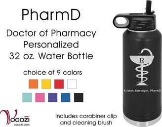 Pharmacist Pharmd Vacuum Insulated Black Stainless Steel Personalized Water Bottle Bowl Of Hygeia