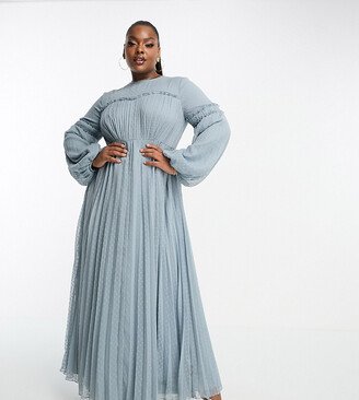 ASOS DESIGN Curve textured chiffon pleat maxi dress with frill seam detail in pale blue