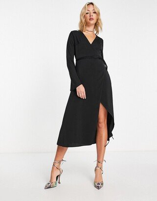 bias cut satin midi wrap dress with tie waist in black