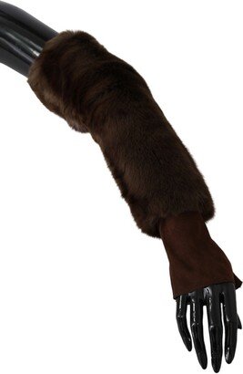 Brown Elbow Length Finger Less Fur Women's Gloves