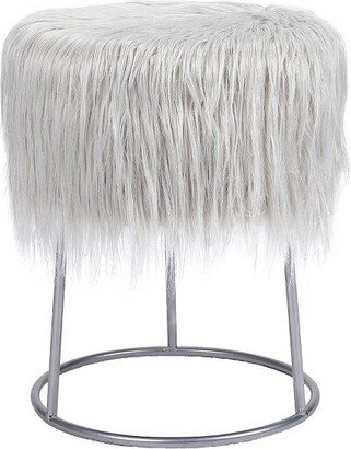 Round Grey Faux Fur Foot Stool Storage Ottoman with Silver Legs