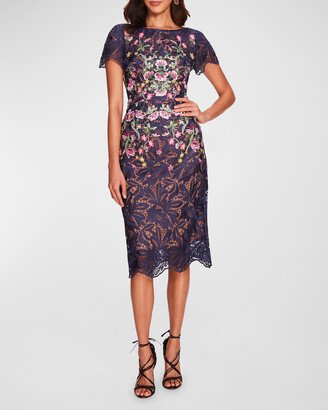 Floral-Embroidered Lace Bodycon Midi Dress