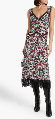 Lace-trimmed floral-print silk-crepe midi dress